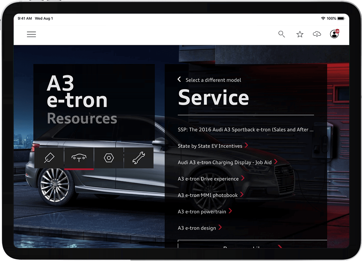 Audi Academy case study A3 e-tron resources screenshot