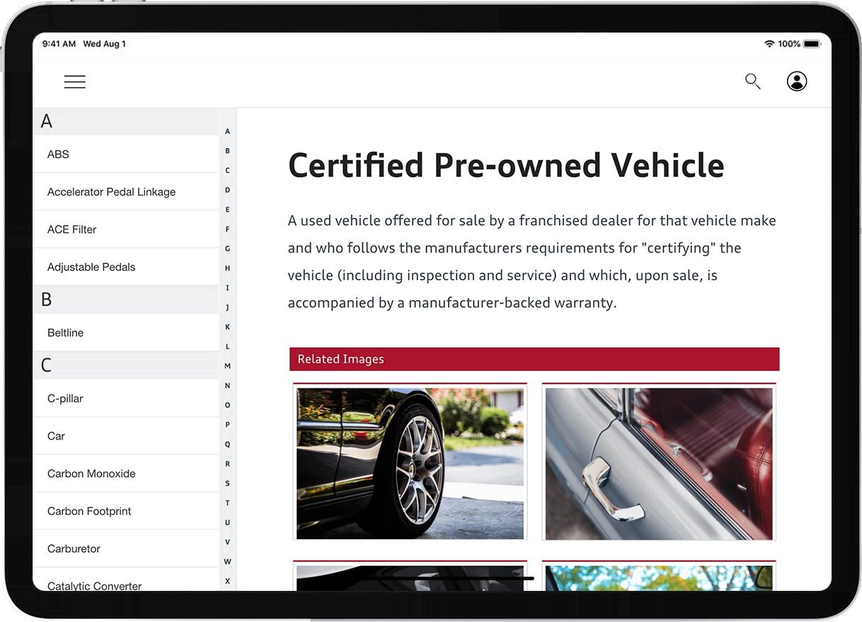 Audi Academy case study tech glossary screenshot