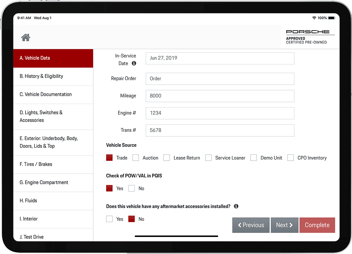 Porsche CPO case study new checklist screenshot